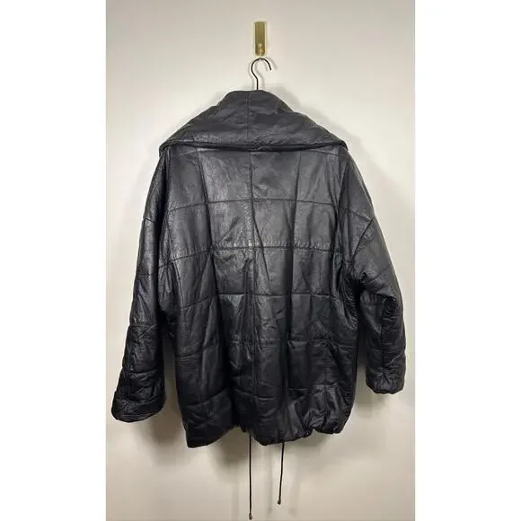 WINLIT Vintage Quilted Genuine Leather Puffer Jacket - Black, Large - Picture 6 of 8